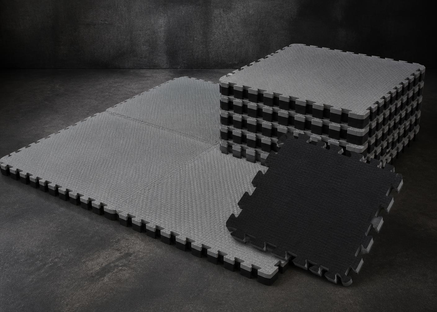 40mm premium tatami reversible jigsaw mats with grey top, black underside and interlocking edges