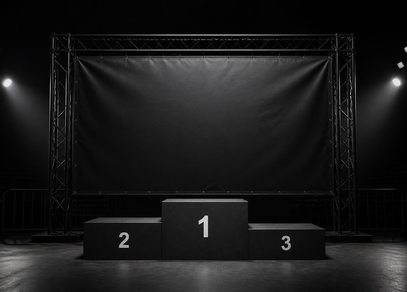 Three-place competition podium with a 5.5m by 4.5m event gantry and plain hanging banner behind it