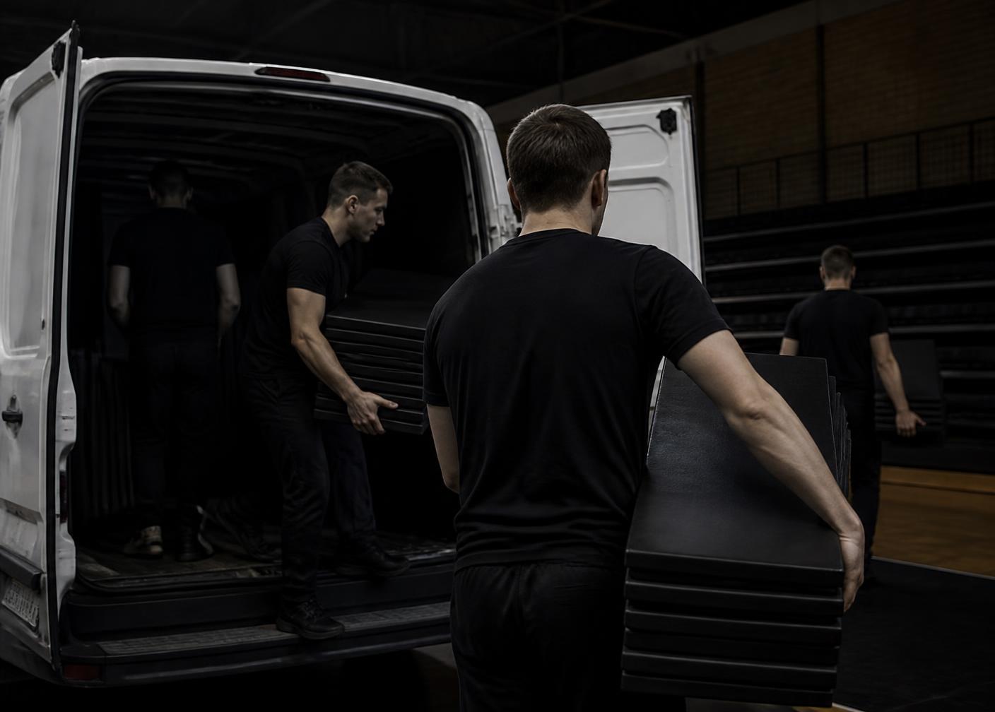 Crew unloading stacks of martial arts mats from a van at an event venue